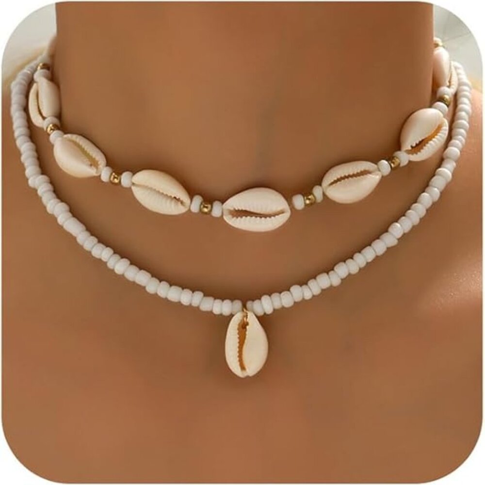2 Layer Sea Shell Necklace for Women Natural Shell Collar Necklace Braided Rope